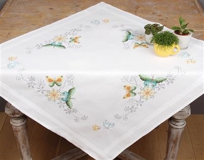 Tafelkleed Grijze bloemen met kleurige vlinders